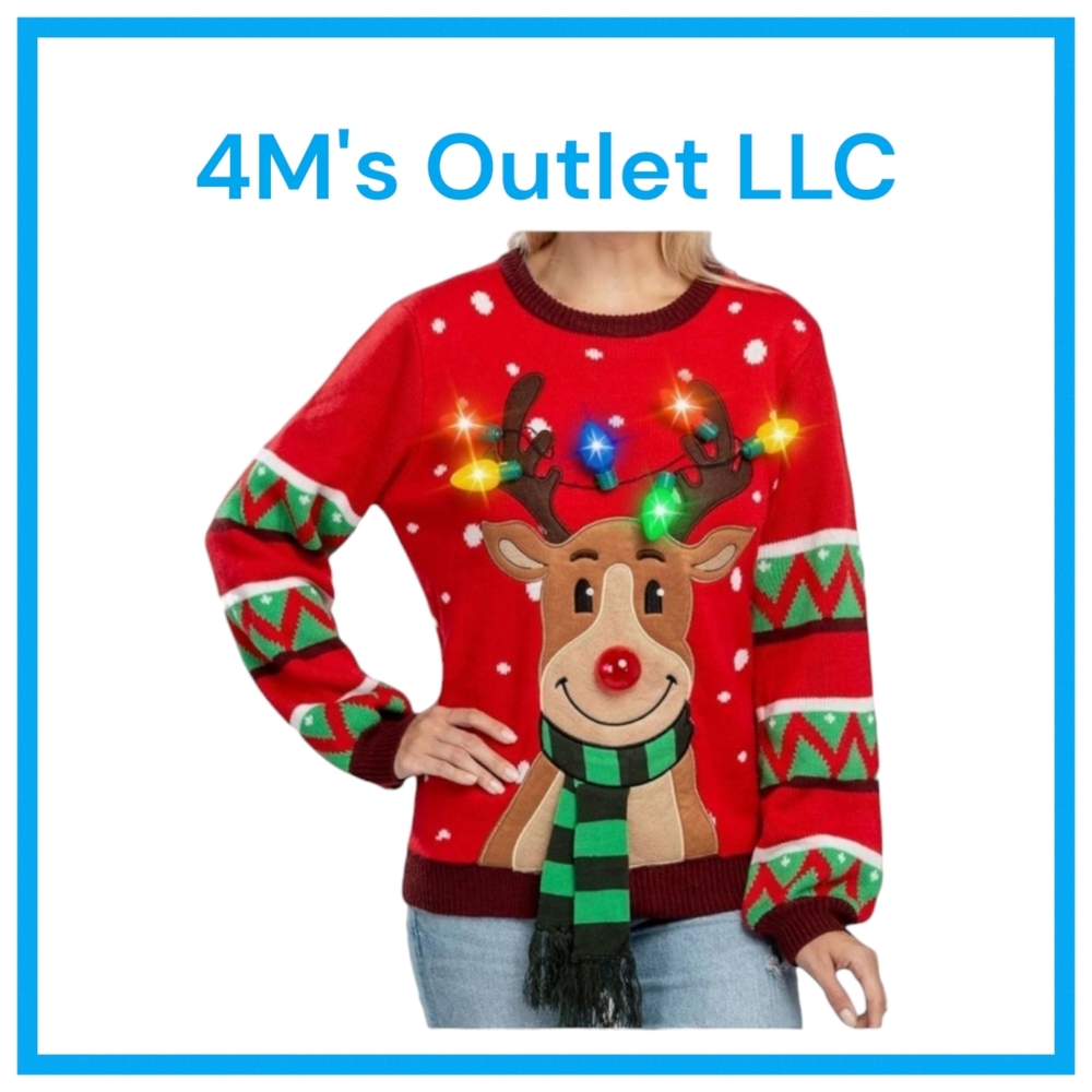 Womens LED Light Up Reindeer Ugly Christmas Sweater Built-in Light Bulbs